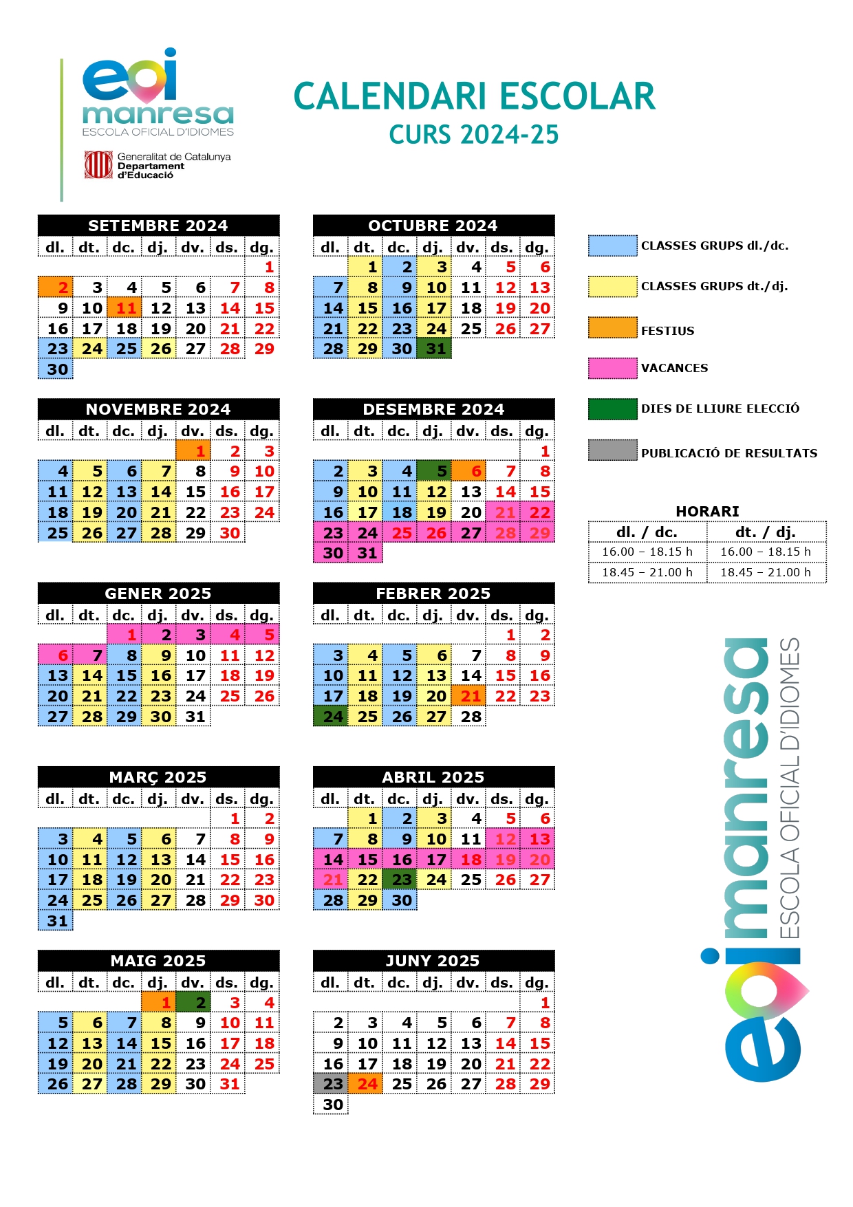 Calendari escolar 2024-25 EOI Manresa